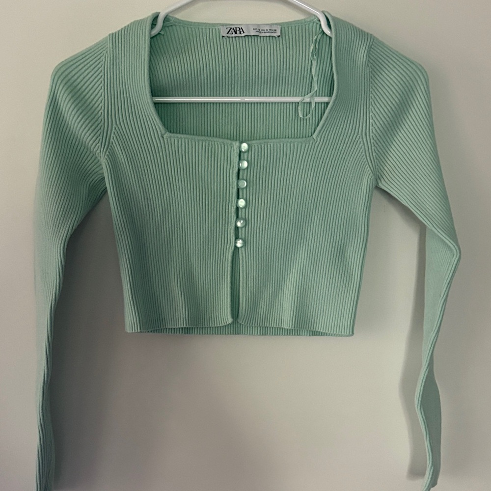 Zara Light Green Ribbed Buttoned Blouse